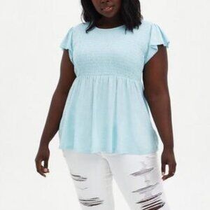 NWT Womens torrid 1 Aqua Light Blue Babydoll Cotton Crew Neck Smocked Bodice Top